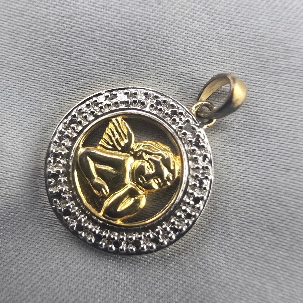 Ross Simons Angel Pendant Gold Silver Two Tone Cherub Round 925 Charm 0.75in